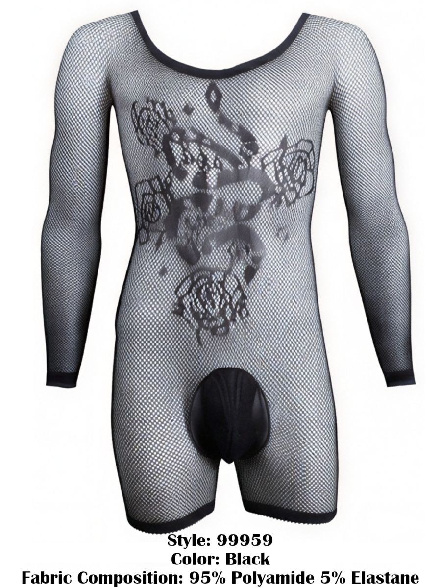 CandyMan black fishnet bodysuit with long sleeves, scoop neck, rose pattern detail, and a solid black pouch.