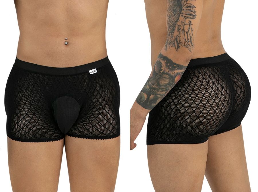 CandyMan 99962 black boxer briefs in a sheer diamond-patterned fishnet fabric with a solid opaque pouch.