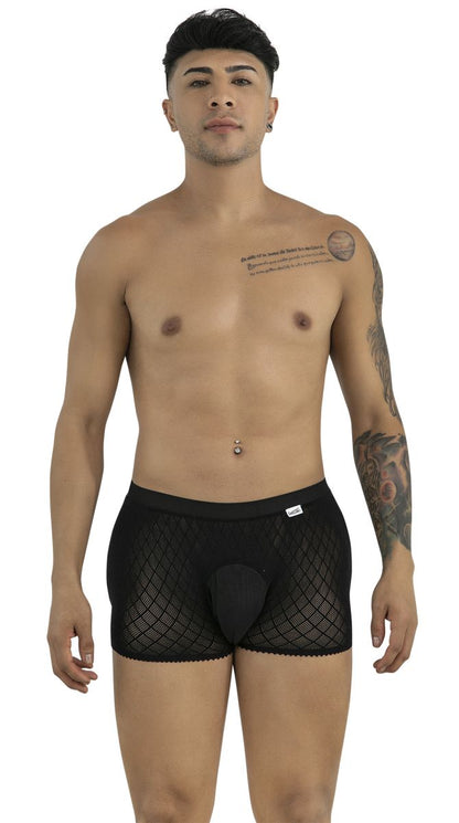 CandyMan 99962 black boxer briefs in a sheer diamond-patterned mesh fabric with a solid opaque center pouch.