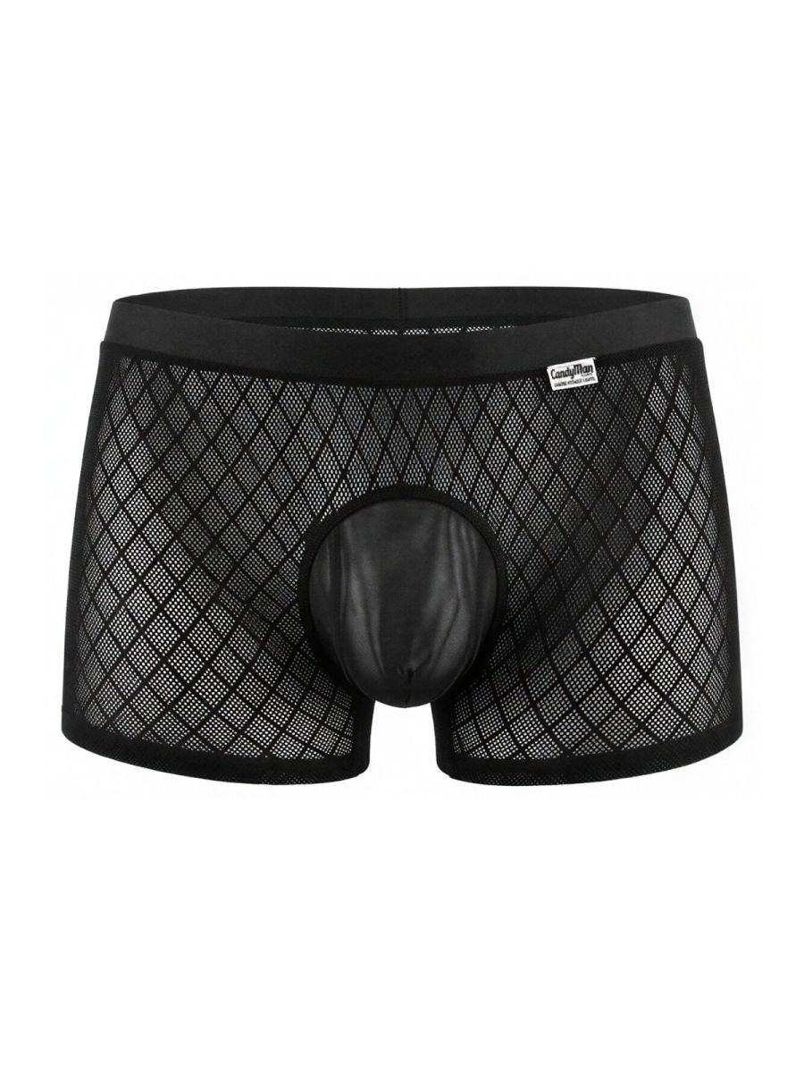 CandyMan black boxer briefs in mesh diamond-pattern fabric with a solid-color, opaque contoured pouch.