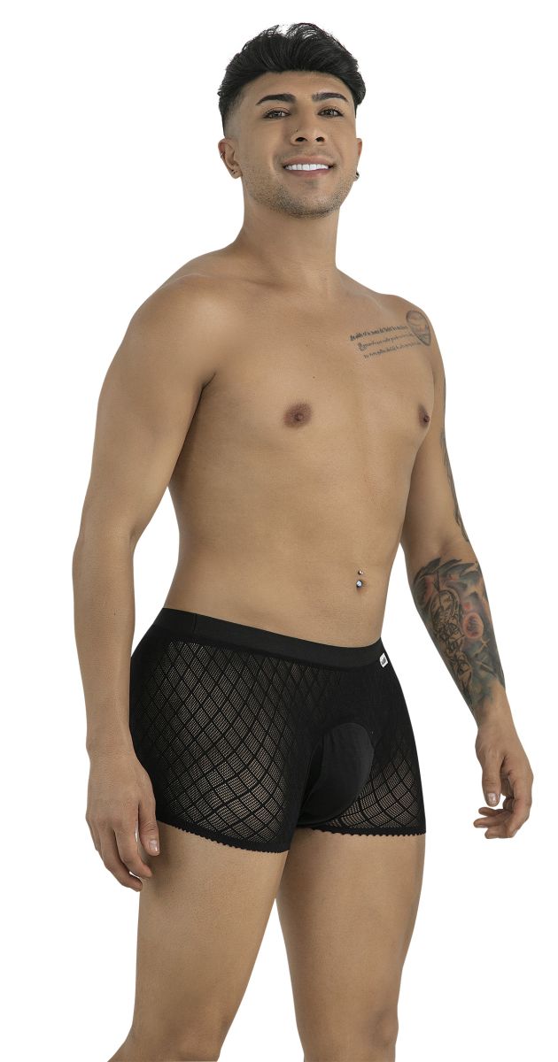 CandyMan 99962 black boxer briefs in a sheer diamond-patterned mesh with an opaque pouch.