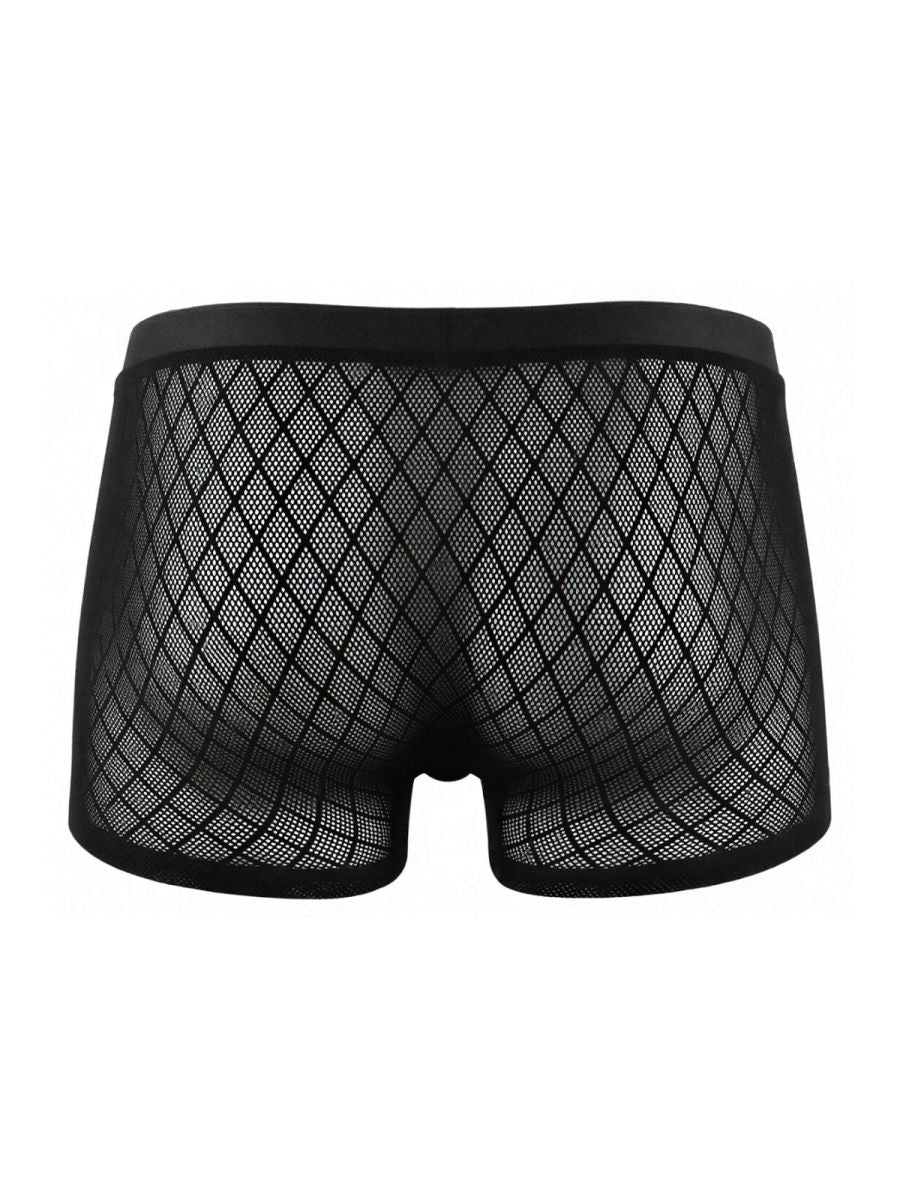 CandyMan black boxer briefs in a sheer, diamond-patterned mesh fabric with a solid elastic waistband.