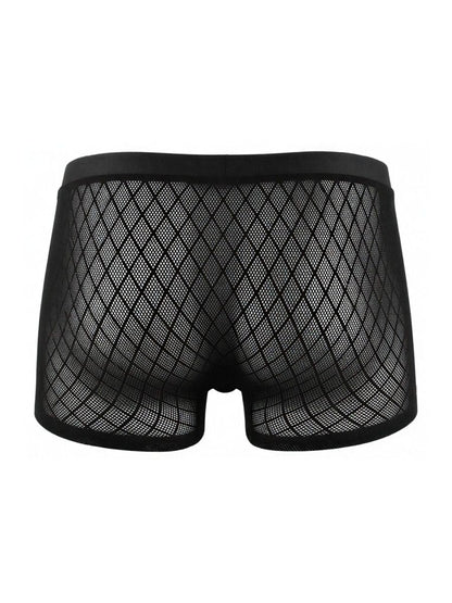 CandyMan black boxer briefs in a sheer, diamond-patterned mesh fabric with a solid elastic waistband.