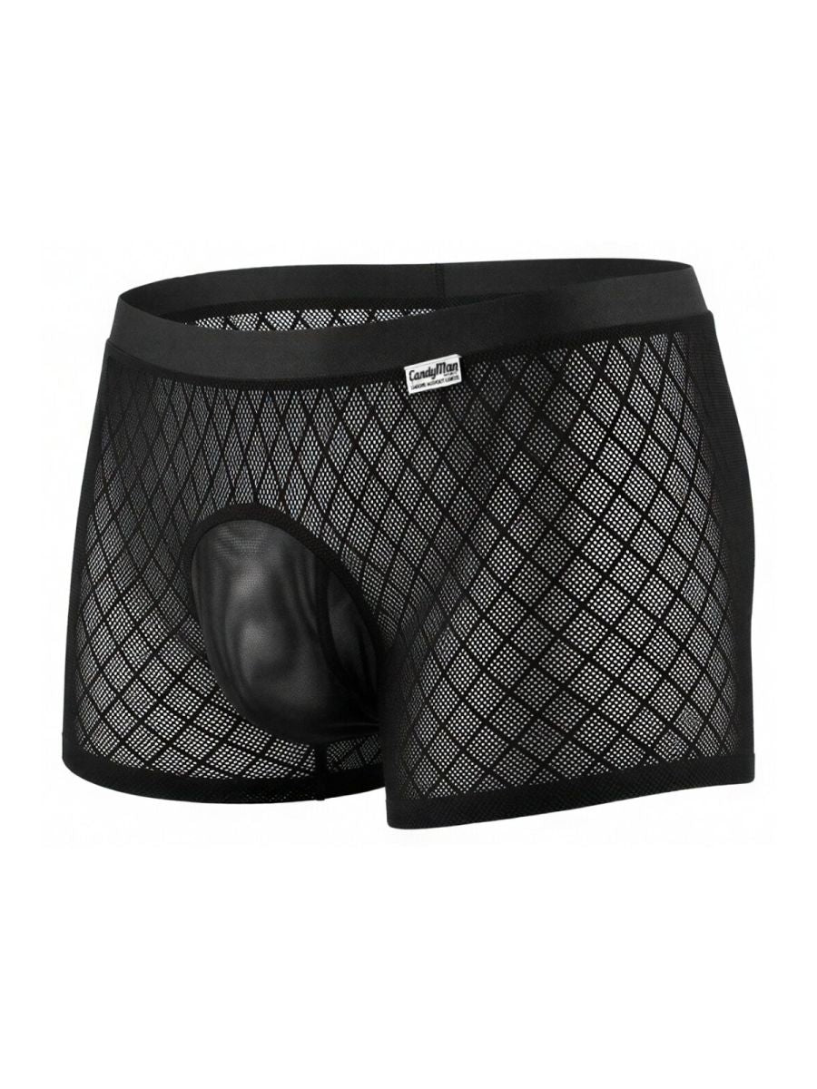 CandyMan 99962 black boxer briefs featuring a diamond-patterned mesh fabric and a solid opaque contour pouch.