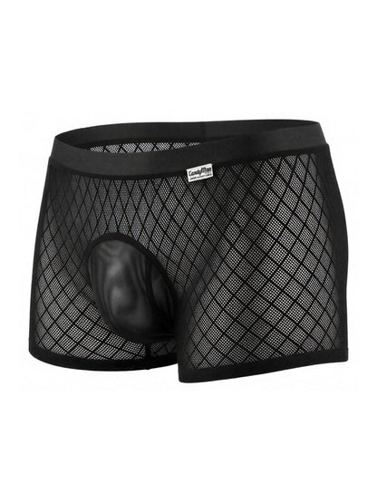 CandyMan 99962 black boxer briefs featuring a diamond-patterned mesh fabric and a solid opaque contour pouch.