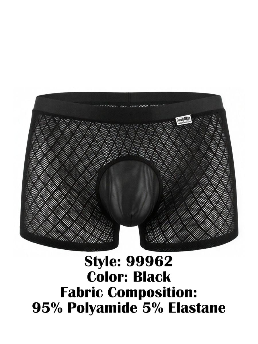 Black CandyMan 99962 boxer briefs featuring a diamond-pattern mesh fabric and a solid opaque pouch.