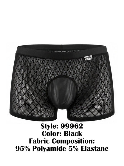 Black CandyMan 99962 boxer briefs featuring a diamond-pattern mesh fabric and a solid opaque pouch.