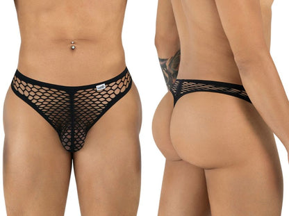 CandyMan black fishnet thong featuring a low-rise fit and minimal back coverage, shown from the front and back.
