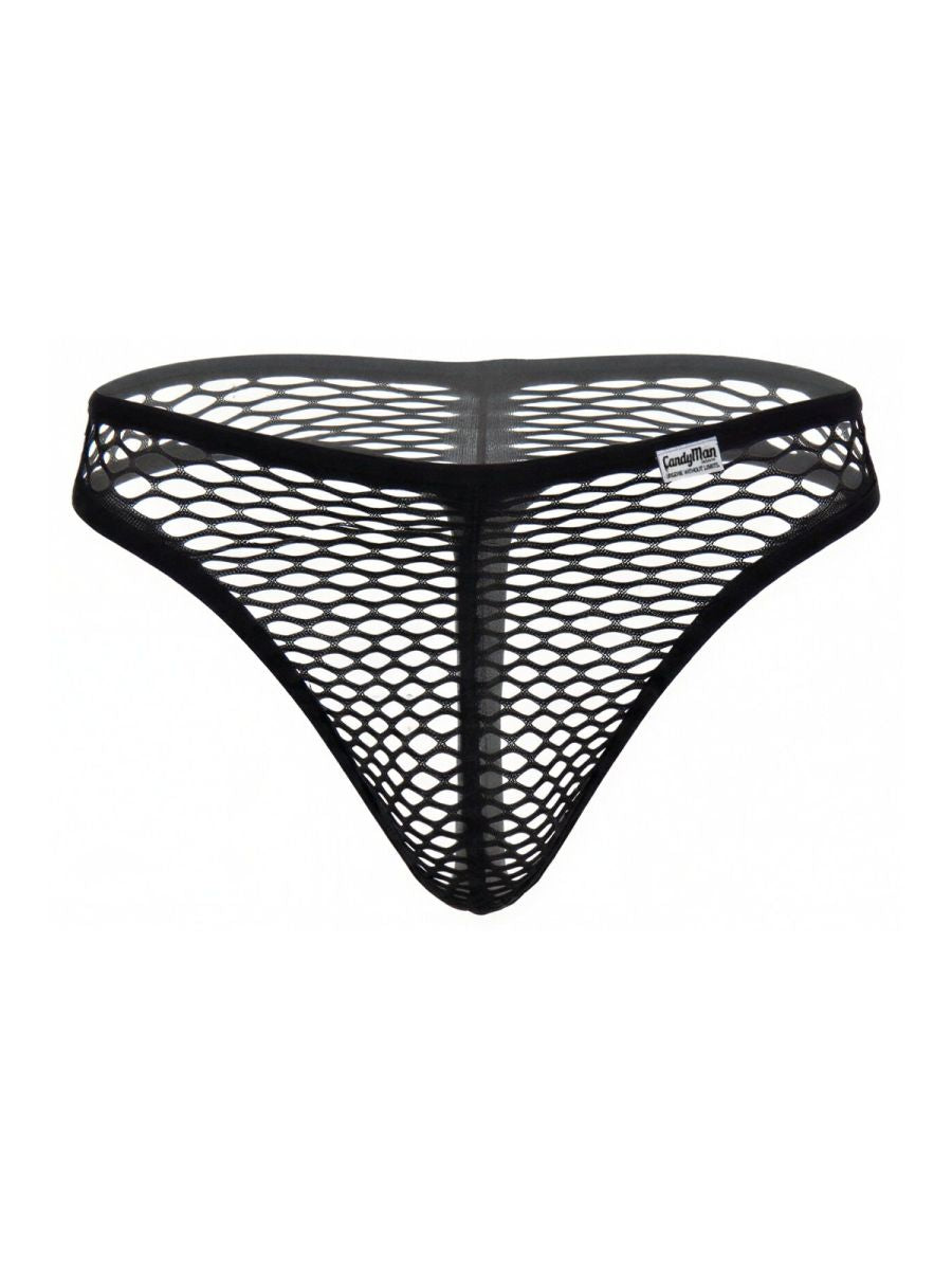 Black CandyMan thong in a sheer, large-hole fishnet fabric with a solid waistband and logo tag.