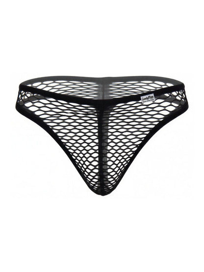 Black CandyMan thong in a sheer, large-hole fishnet fabric with a solid waistband and logo tag.