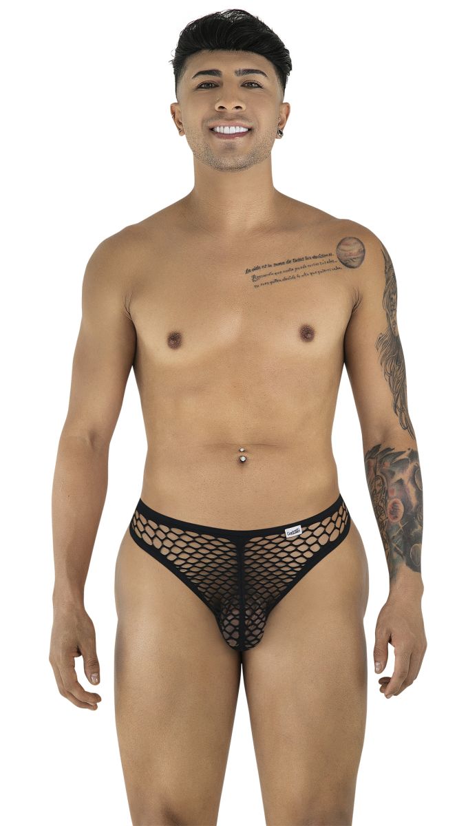 Man wearing black CandyMan 99963 thong made of sheer, open-weave fishnet fabric with thin elastic waistband.