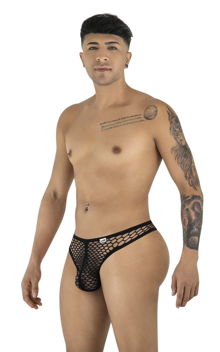 Man wearing CandyMan black fishnet thong with thin waistband and minimalist pouch design.