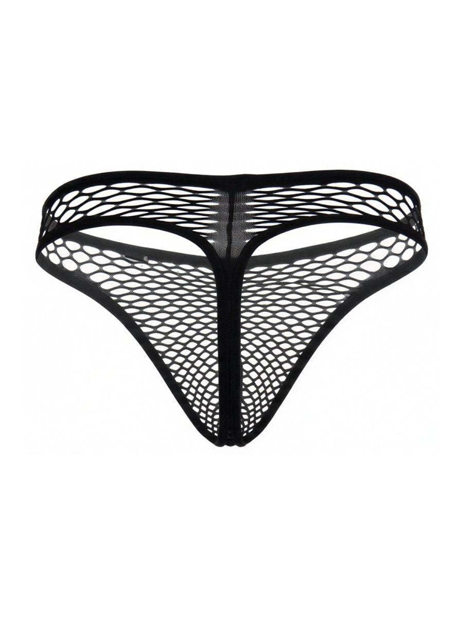 CandyMan black mesh thong with a cutout design and solid black trim.