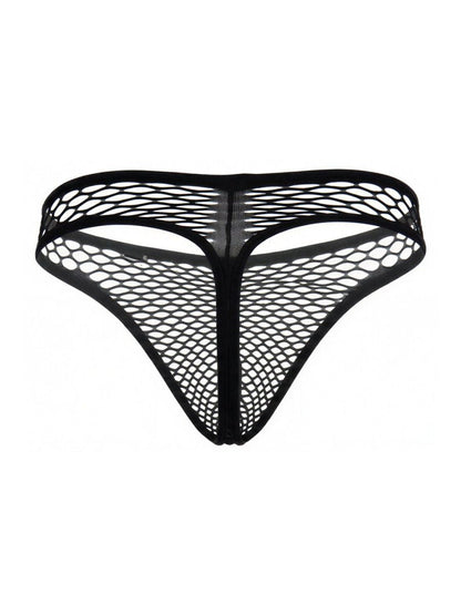 CandyMan black mesh thong with a cutout design and solid black trim.