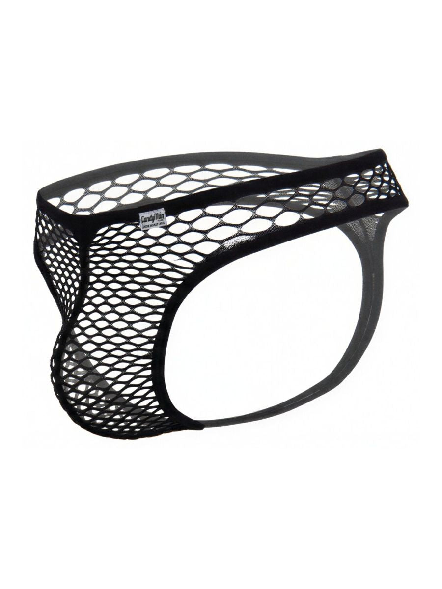 Black CandyMan fishnet thong with a solid waistband and a minimalist string back design.