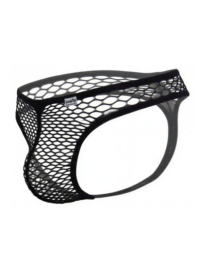 Black CandyMan fishnet thong with a solid waistband and a minimalist string back design.