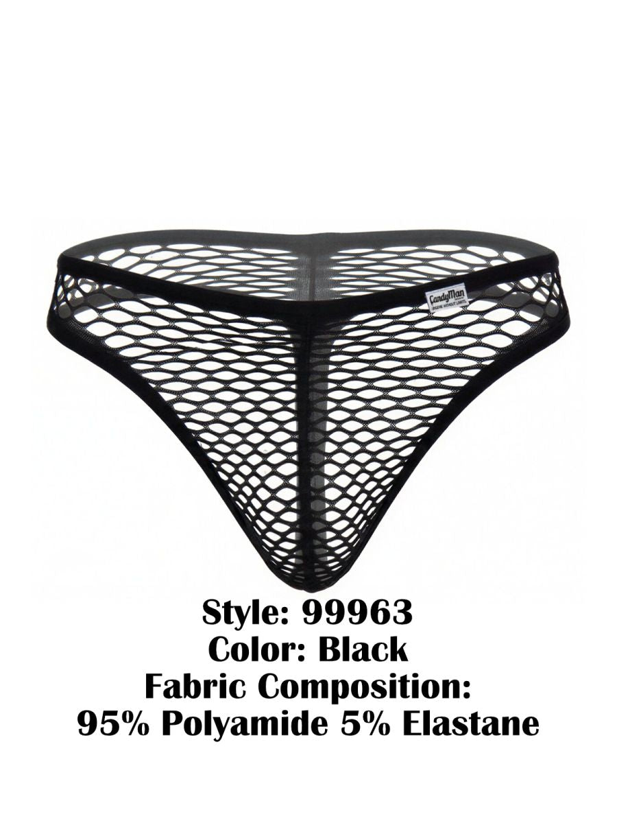 CandyMan 99963 black thong in a sheer, stretchy fishnet mesh fabric with a branded waistband label.