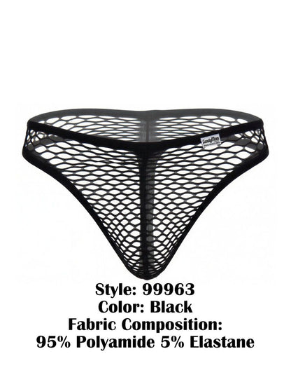 CandyMan 99963 black thong in a sheer, stretchy fishnet mesh fabric with a branded waistband label.