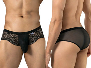 CandyMan black lace and mesh brief underwear with sheer back and solid front pouch worn by a model.