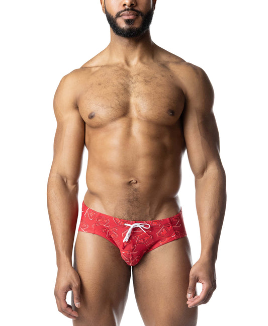 Candy apple red bikini swimwear with a subtle pattern and a white drawstring tied at the front.