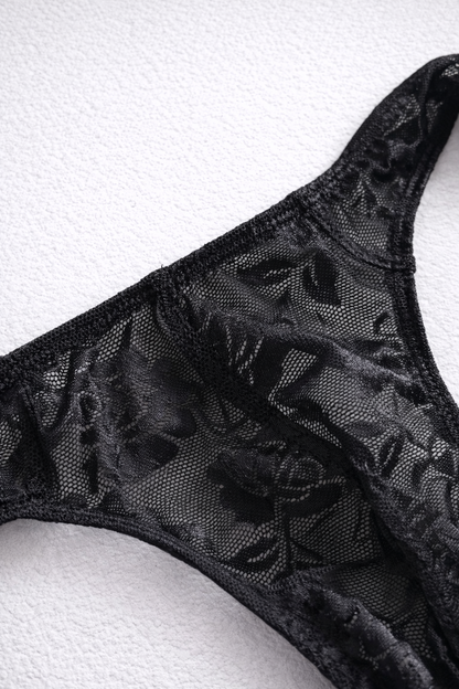 JJ Malibu Men's Veiled Floral Lace Thong - Black