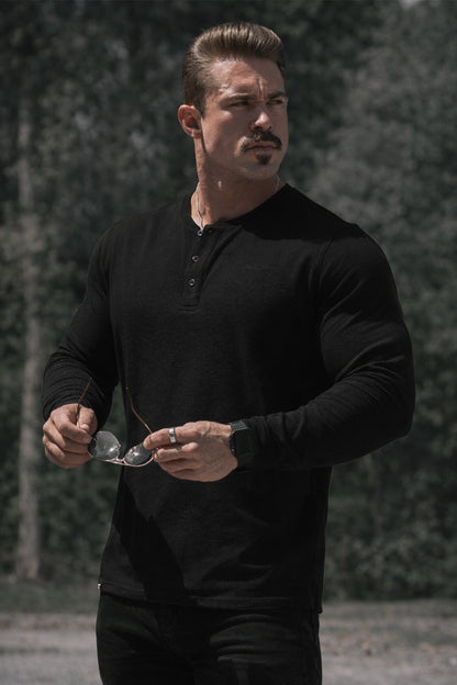 Jed North Men's Waffle Knit Henley Long Sleeve T-Shirt - Black