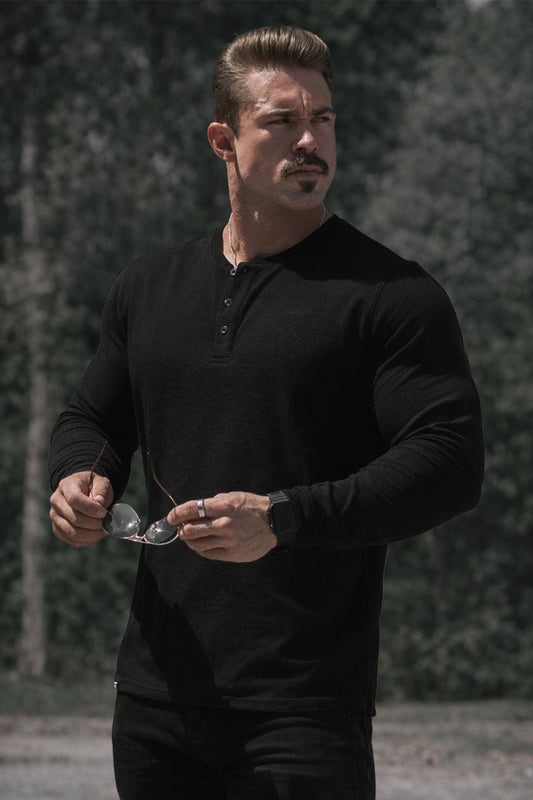 Jed North Men's Waffle Knit Henley Long Sleeve T-Shirt - Black