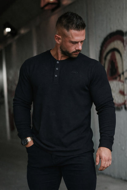 Jed North Men's Waffle Knit Henley Long Sleeve T-Shirt - Black