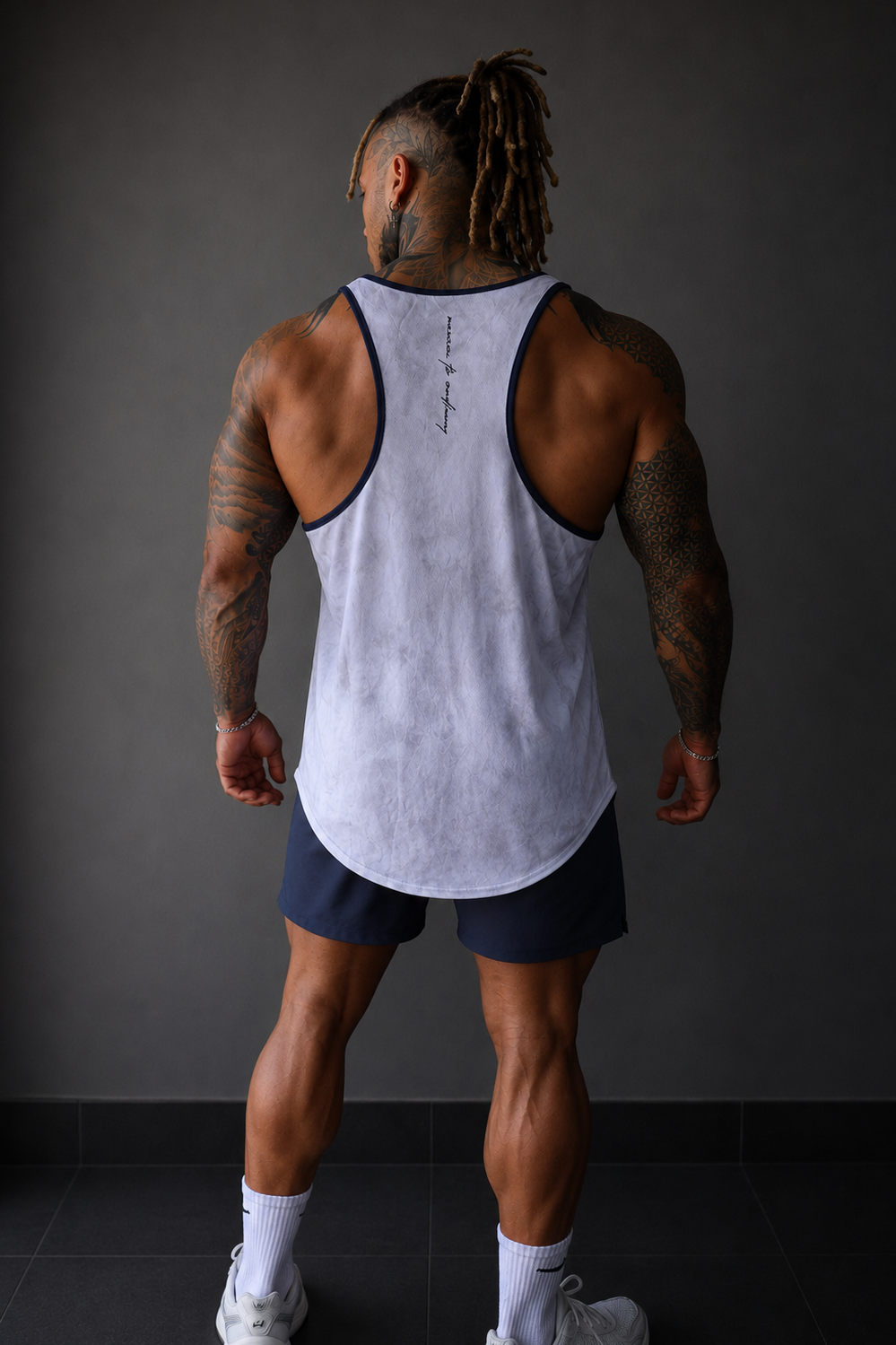 Jed North Men's Fast-Dry Bodybuilding Workout Stringer - Dusted White w/ Navy