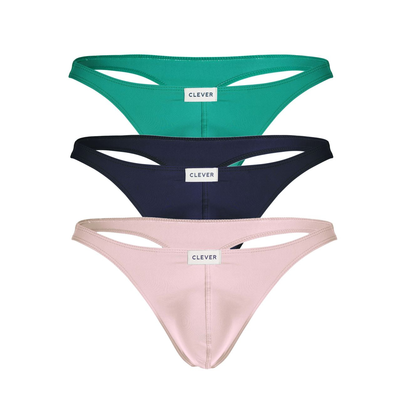 Set of three clever australian latin thong underwear in teal navy blue and blush pink with minimalist design
