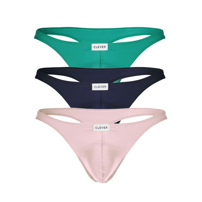 Set of three clever australian latin thong underwear in teal navy blue and blush pink with minimalist design