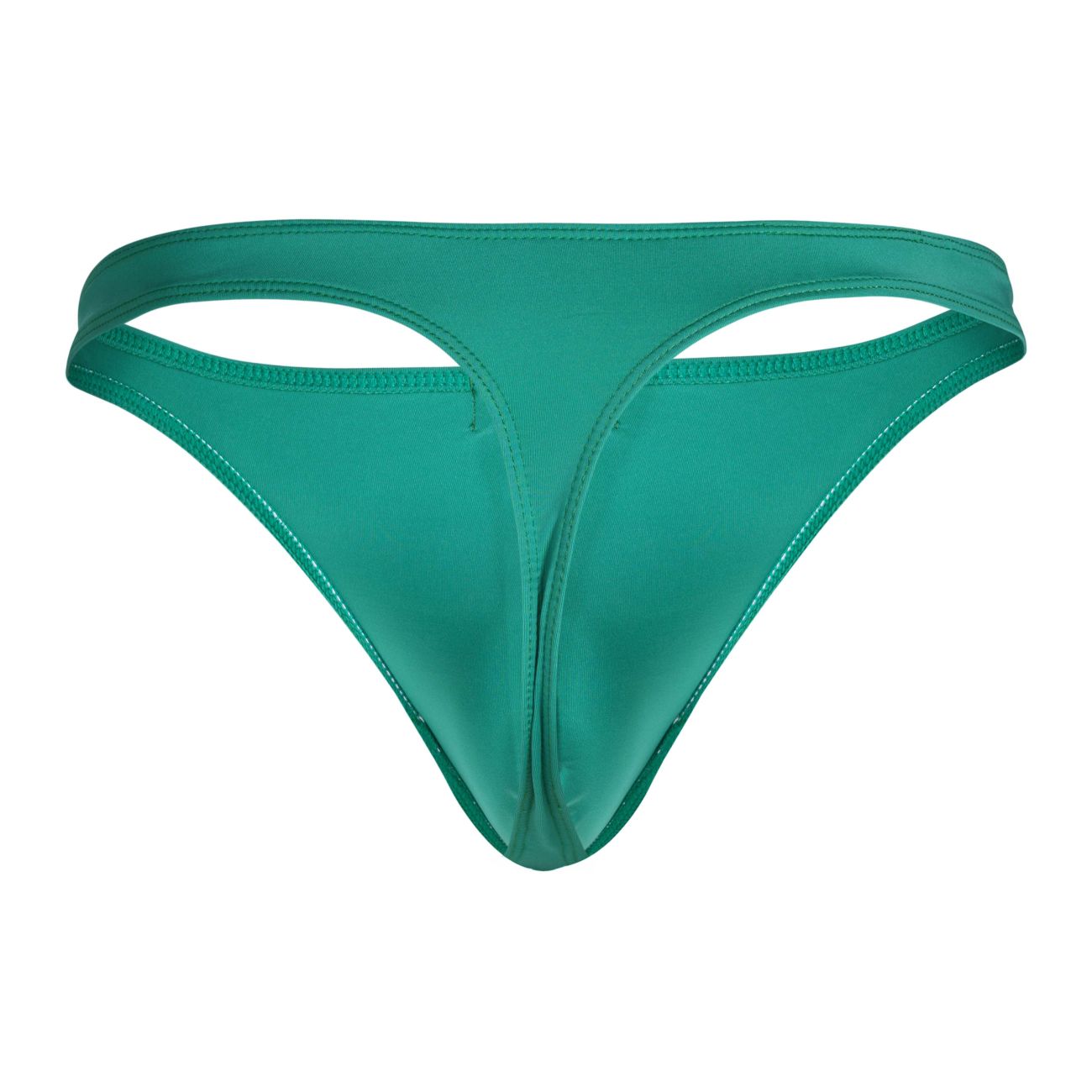 A sleek emerald green thong made of smooth glossy fabric with precise stitching from clever autralian latin 3pk collection