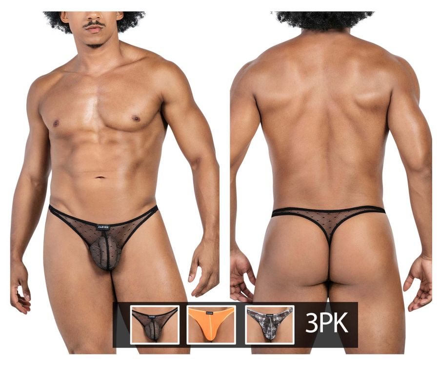 Black sheer mesh thong with dotted pattern and elastic trim from clever 100008 3pk australian latin thongs set