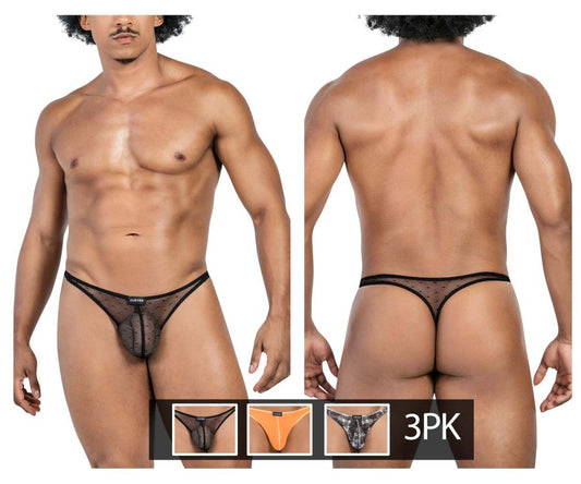 Black sheer mesh thong with dotted pattern and elastic trim from clever 100008 3pk australian latin thongs set