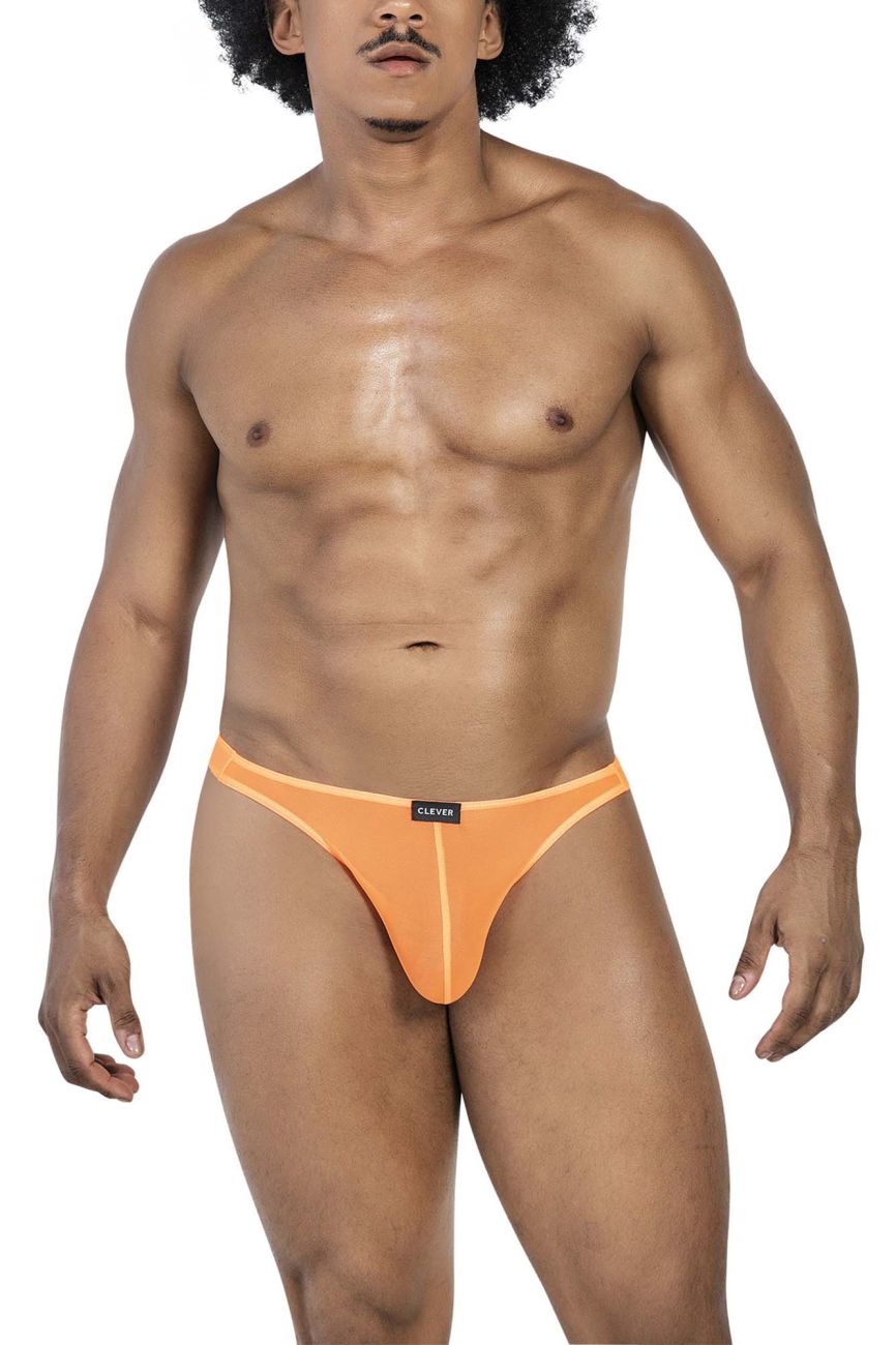 Orange sheer fabric briefs with black brand tag at waistband from clever 100008 3pk australian latin thongs black-orange-black