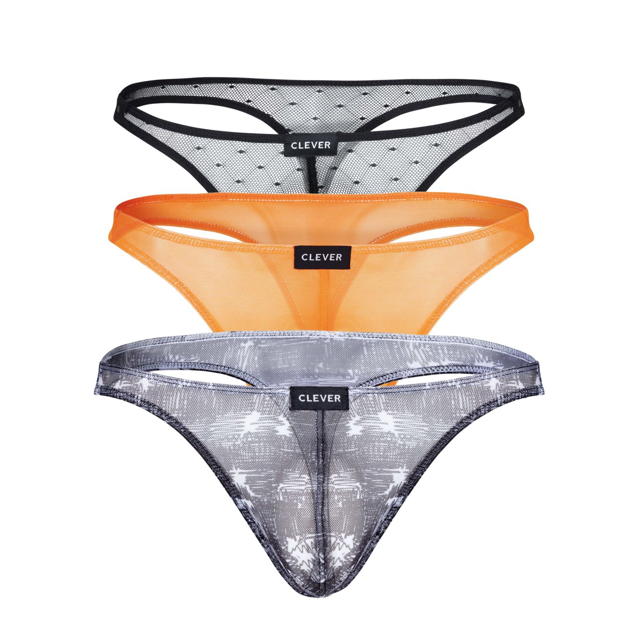 Three clever brand thong underwear pieces in black orange and black sheer mesh with distinct patterns