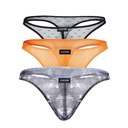 Three clever brand thong underwear pieces in black orange and black sheer mesh with distinct patterns
