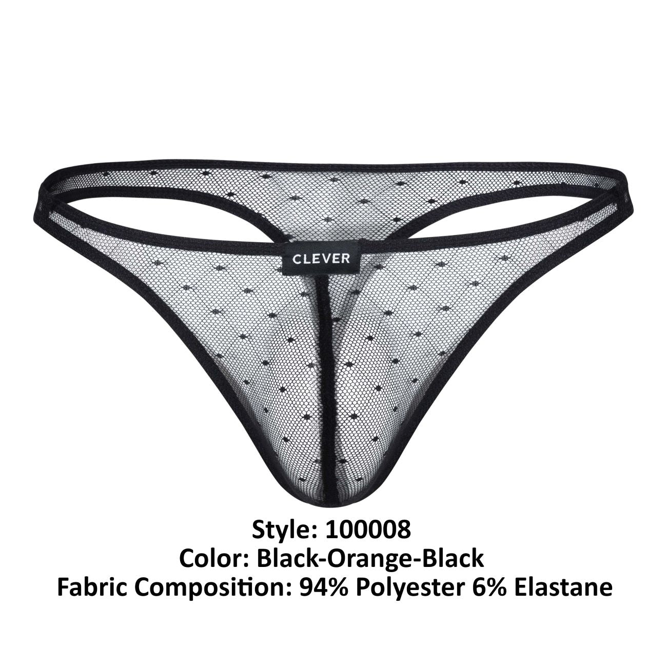 Black mesh thong with subtle orange dot pattern black trim and clever brand label from Clever 100008 3PK Australian Latin Thongs