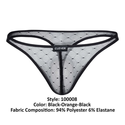 Black mesh thong with subtle orange dot pattern black trim and clever brand label from Clever 100008 3PK Australian Latin Thongs