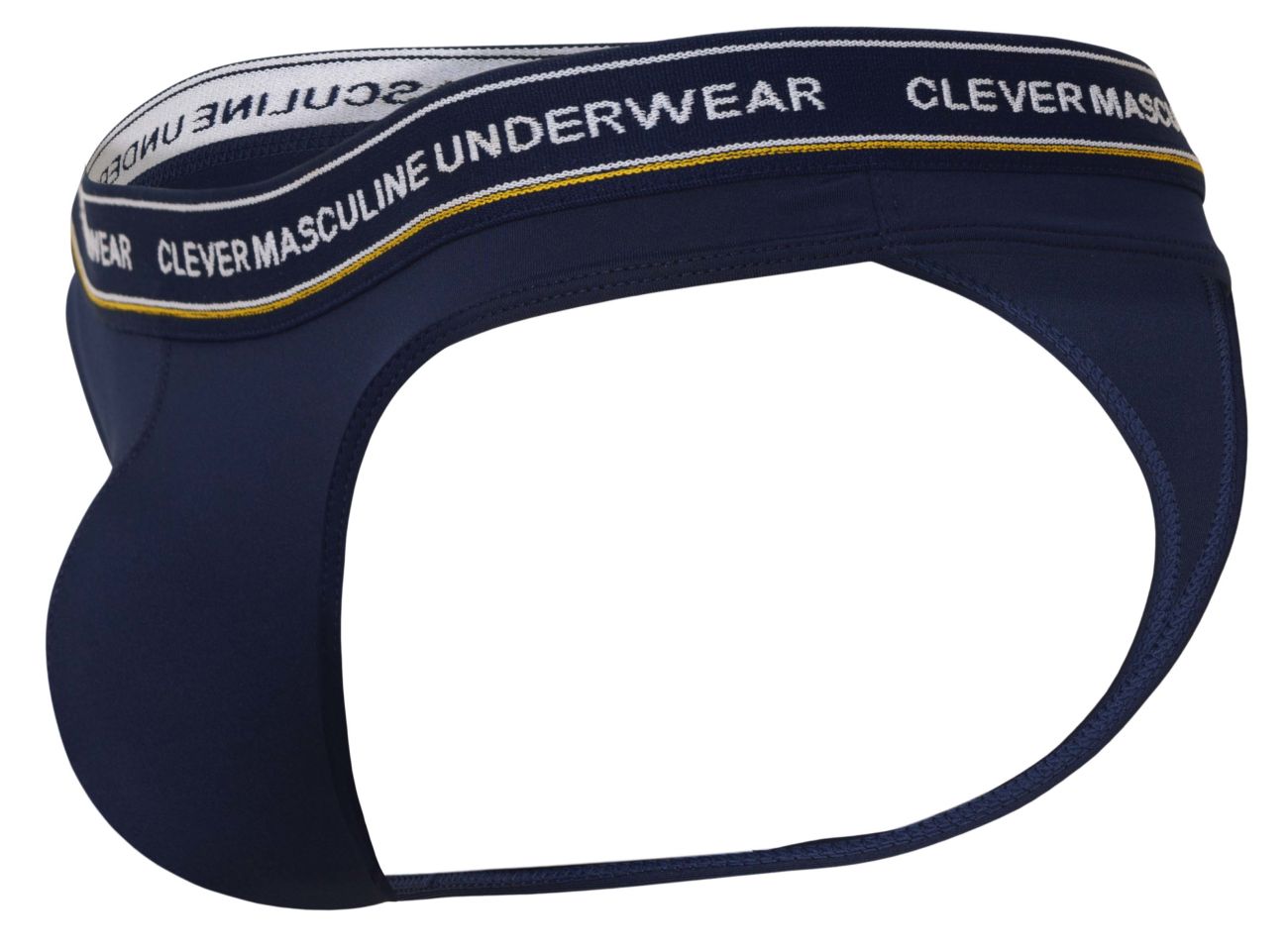 Navy blue men’s briefs with white and gold waistband reading clever masculine underwear from Clever 100010 3PK Australian Latin Thongs
