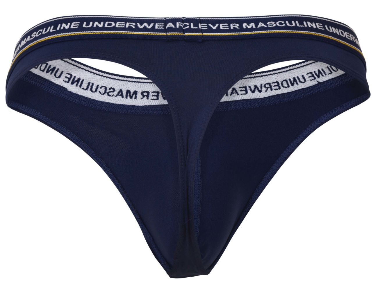 Navy blue clever 100010 thong with white and gold trim and masculine underwear text on waistband, front view