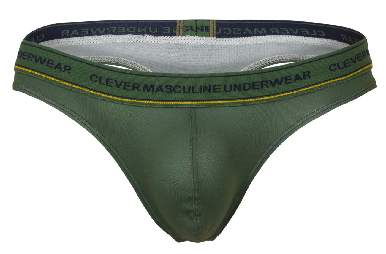Olive green leather-like thong with black elastic waistband yellow trim and clever masculine underwear branding
