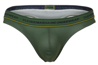 Olive green leather-like thong with black elastic waistband yellow trim and clever masculine underwear branding