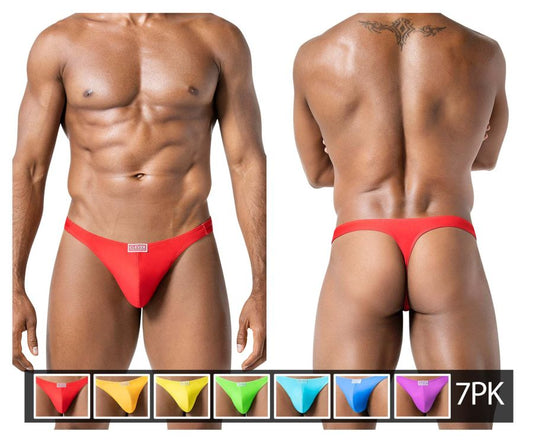 Red form-fitting thong with small rectangular logo on front from clever 10009 7pk pride thongs color multi-colored