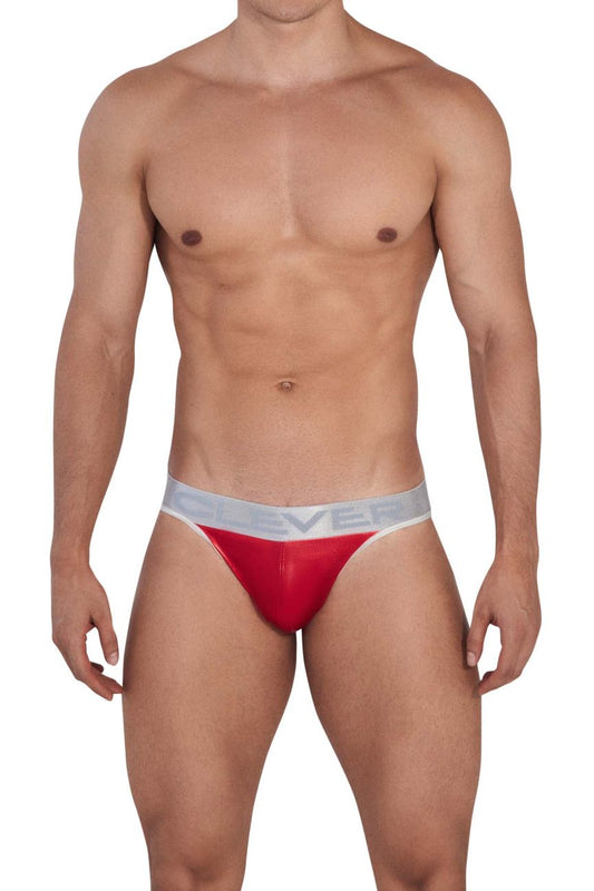 Clever 1410 earth thongs red men’s briefs with a sleek form-fitting design in red and silver colors