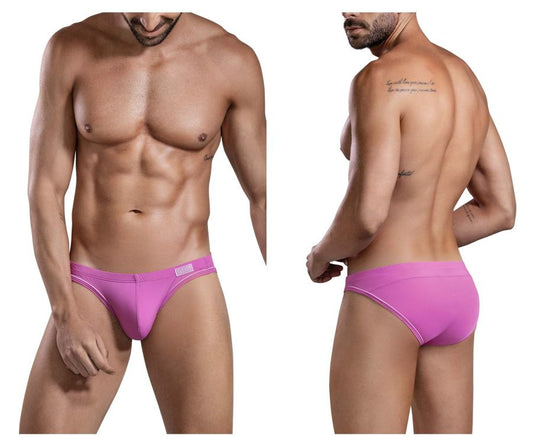 Vibrant pink clever 1656 mirage bikini color grape men’s briefs with white trim and small brand tag on waistband