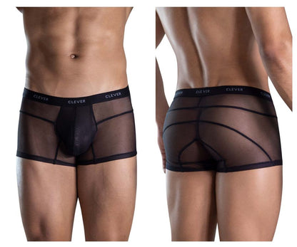 Black sheer mesh briefs with solid inner panel and elastic waistband branded clever from clever 1673 legend trunks