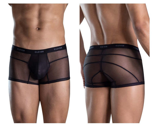 Black sheer mesh briefs with solid inner panel and elastic waistband branded clever from clever 1673 legend trunks
