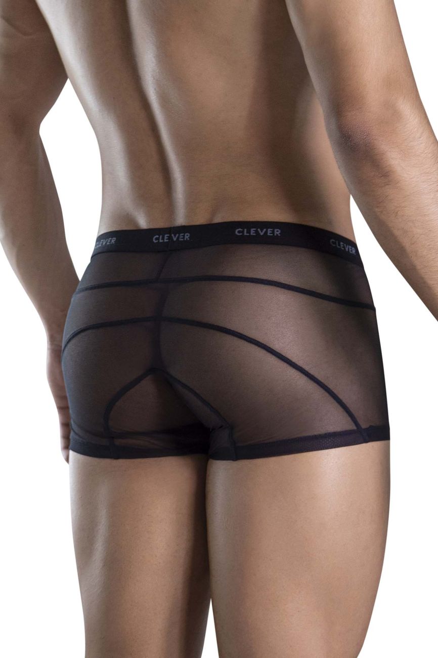 Black sheer mesh clever 1673 legend trunks briefs with black elastic waistband and white clever print