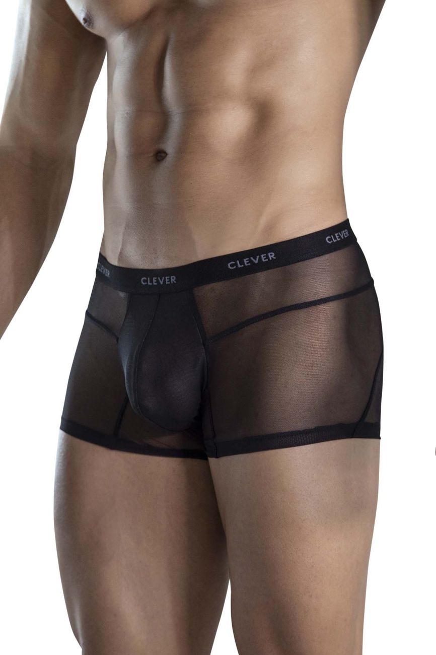 Black sheer mesh boxer briefs with solid black waistband featuring clever brand name from clever 1673 legend trunks